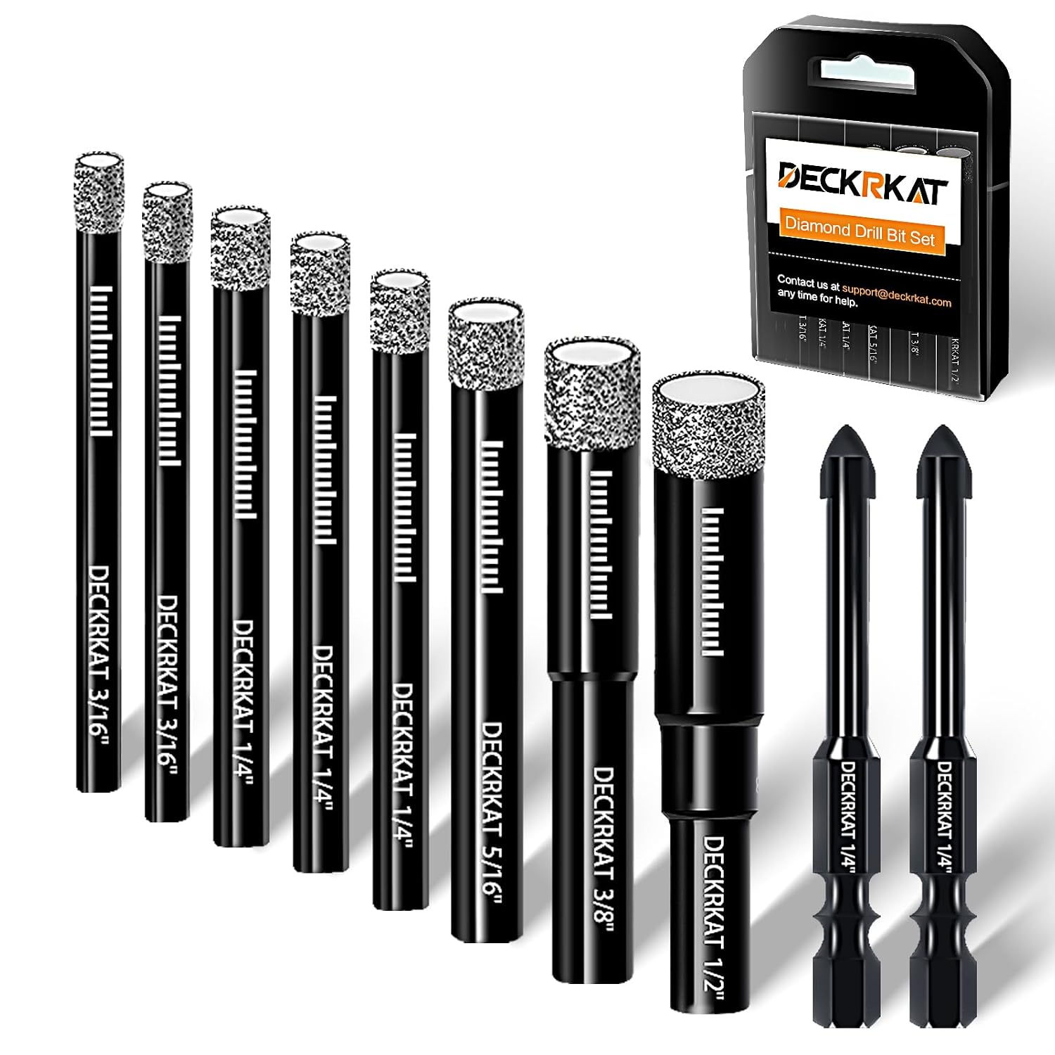 DECKRKAT 10-Piece Dry Diamond Drill Bits & TileDrill Bits - 3/16"(x2), 1/4"(x3), 5/16", 3/8", 1/2" + 1/4"(x2) Bit for Tile,Ceramic, Porcelain,Marble,Granite.