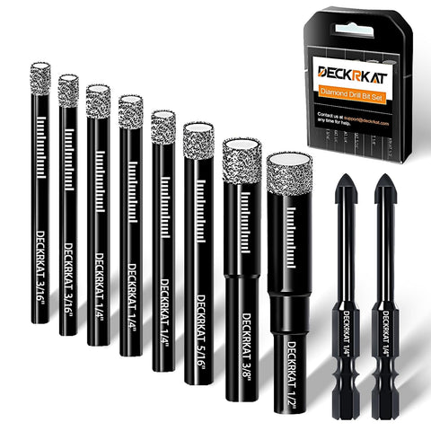 DECKRKAT 10-Piece Dry Diamond Drill Bits & TileDrill Bits - 3/16"(x2), 1/4"(x3), 5/16", 3/8", 1/2" + 1/4"(x2) Bit for Tile,Ceramic, Porcelain,Marble,Granite.
