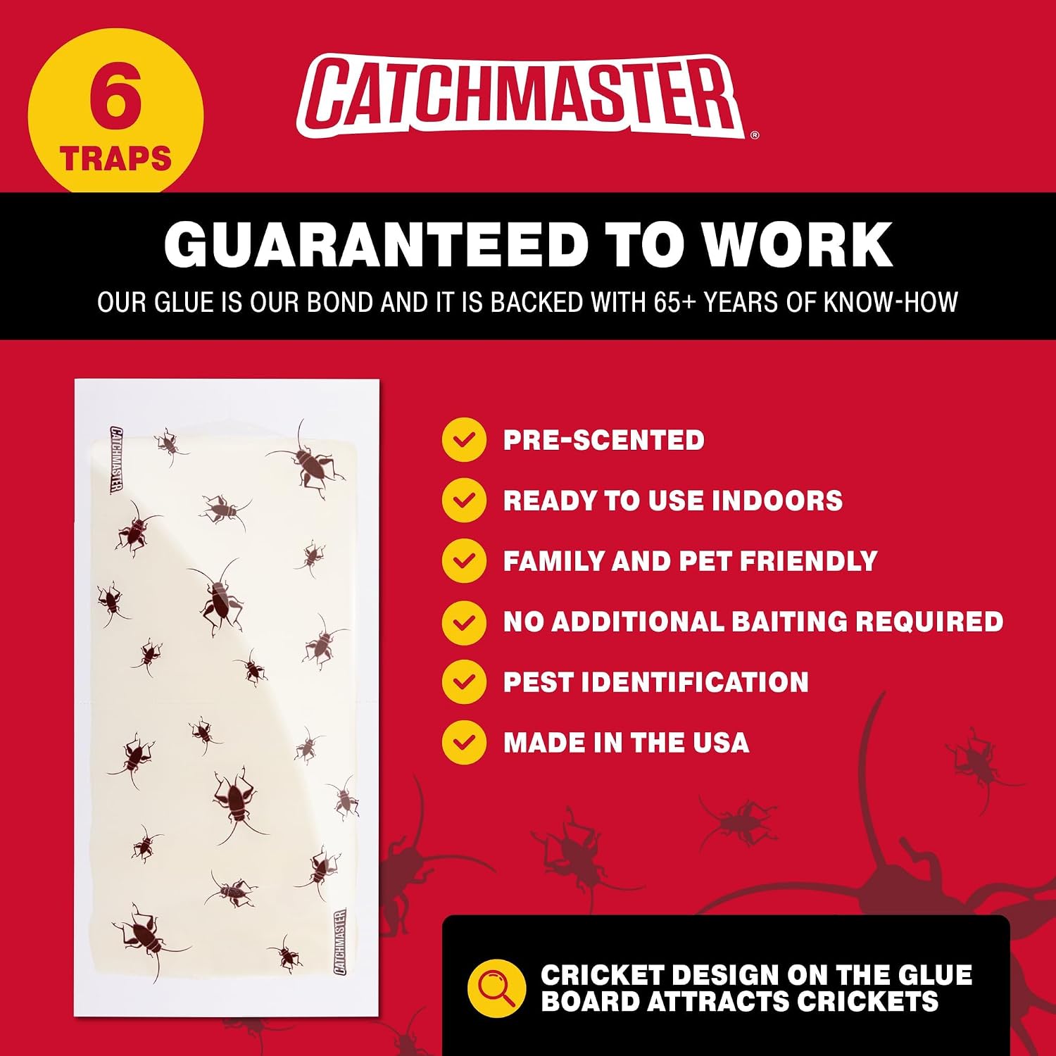 Catchmaster Cricket XL Giant Glue Boards 6-Pk, Adhesive Bug Catcher Cricket Traps Indoor, Sticky Trap for Inside Your Home, Bulk Insect Killer, Insect Traps for House & Garage, Pest Control for Home
