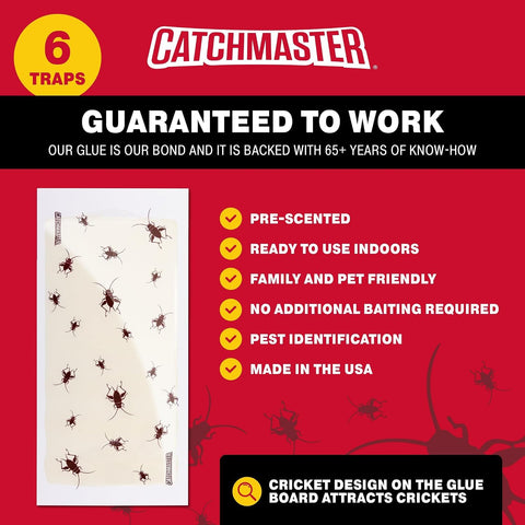 Catchmaster Cricket XL Giant Glue Boards 6-Pk, Adhesive Bug Catcher Cricket Traps Indoor, Sticky Trap for Inside Your Home, Bulk Insect Killer, Insect Traps for House & Garage, Pest Control for Home