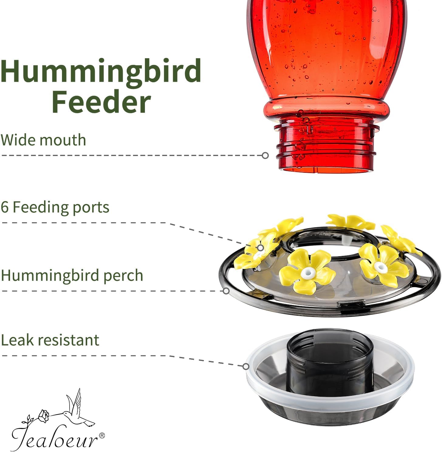 Jealoeur Hummingbird Feeder for Outdoors Hanging, 18 OZ Humming Birds Feeders with 6 Bee Guard Feeding Ports & Built-in Ant Moat, Easy to Clean, Durable Outdoor Garden Decor (Red 1 Pack-C)