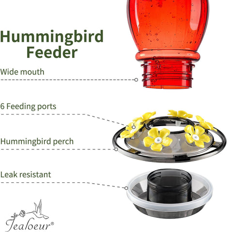 Jealoeur Hummingbird Feeder for Outdoors Hanging, 18 OZ Humming Birds Feeders with 6 Bee Guard Feeding Ports & Built-in Ant Moat, Easy to Clean, Durable Outdoor Garden Decor (Red 1 Pack-C)