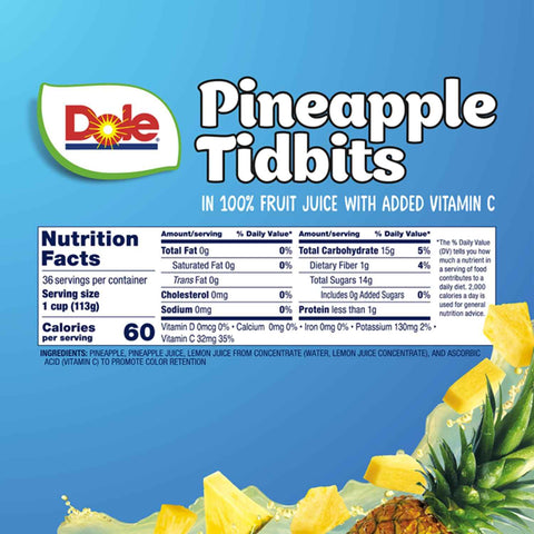 Dole Fruit Bowls Pineapple Tidbits, 4oz, 36 Total Cups | In 100% Juice Snacks, Gluten & Dairy Free, Bulk Lunch Snacks for Kids & Adults