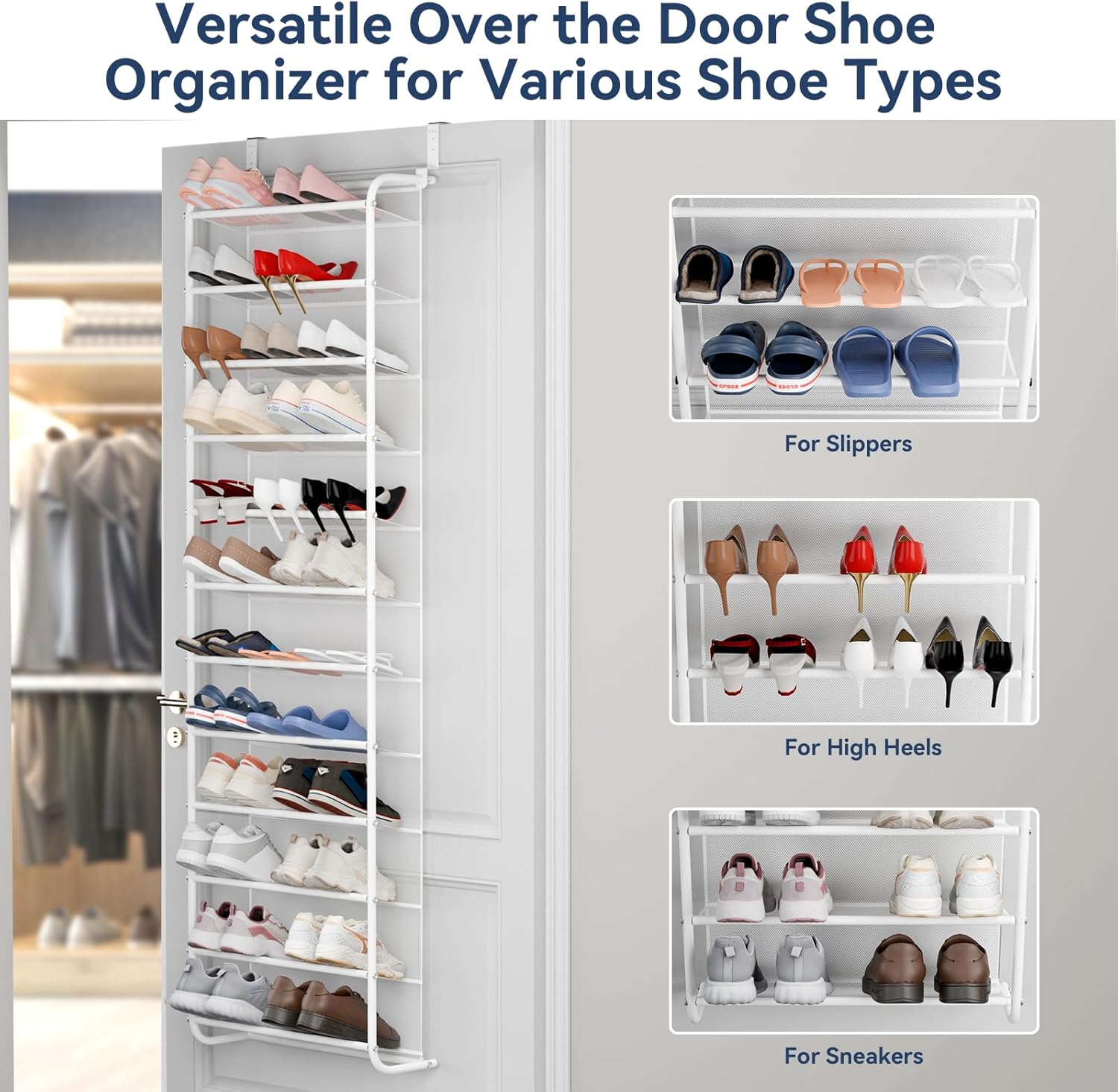 Whitmor 36 Pair Over The Door Shoe Organizer, 12 Tier Hanging Shoe Organizer, Heavy Duty Metal & Mesh Shoe Holder, Hanging Shoe Rack for Closet Organizer & Storage, 74" H x 21.7" W x 7.5" D, White1