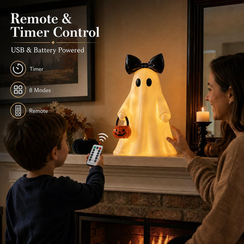 14 in Large Lighted White Ghost Figurine with Pumpkin Lantern&Remote Timer