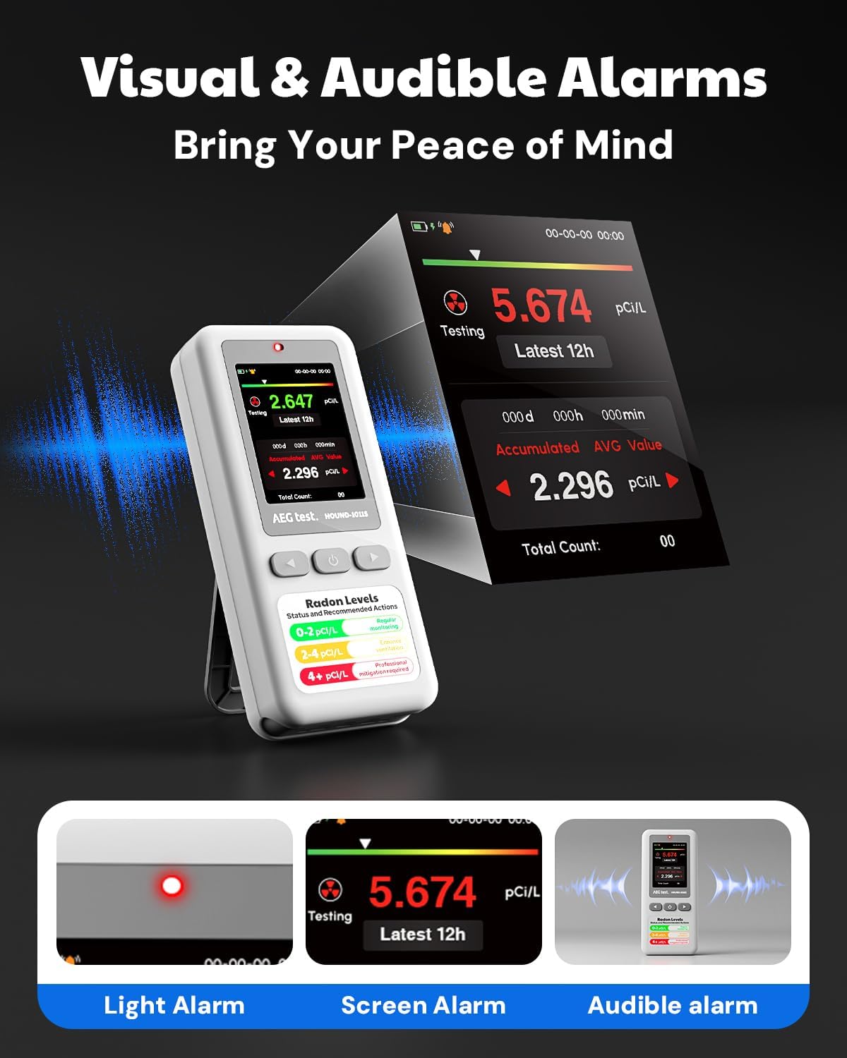 HOUND-1011S Portable Radon Detector, High-Accuracy Sensor for Home, Lightweight, Audible & Visual Alarms, Long-Term Monitoring, Easy-to-Use Radon Tester in pCi/L or Bq/m³ for Basement