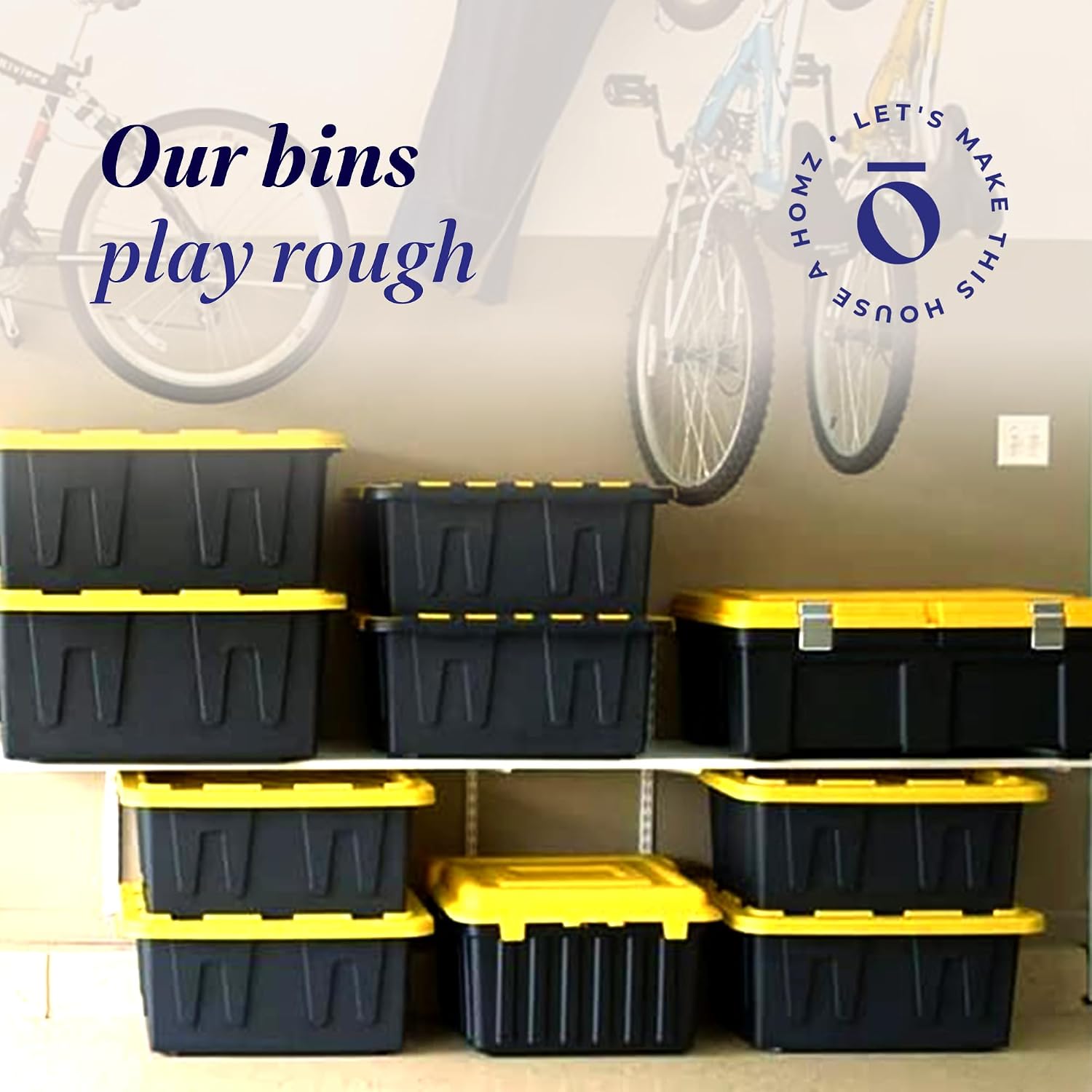 HOMZ Durabilt Plastic Storage Bins with Lids, 27 Gal, Black/Yellow, 2 Pack