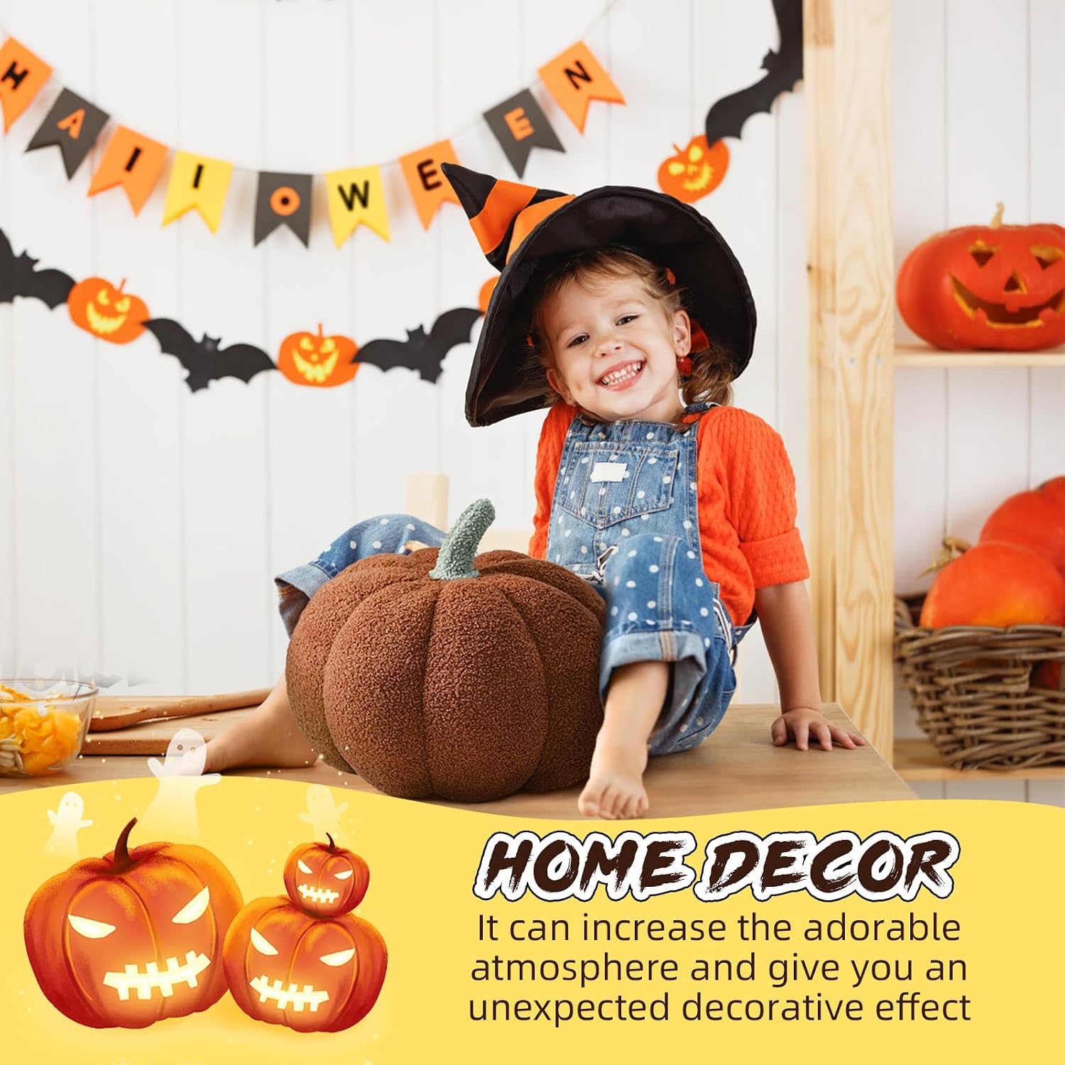 Plush Pumpkin Throw Pillows for Fall Party Decoration Happy Hallween Decoration Pillow Sofa Lumbar Cushion for Home Car Bedroom Living Room,Caramel,13.78"