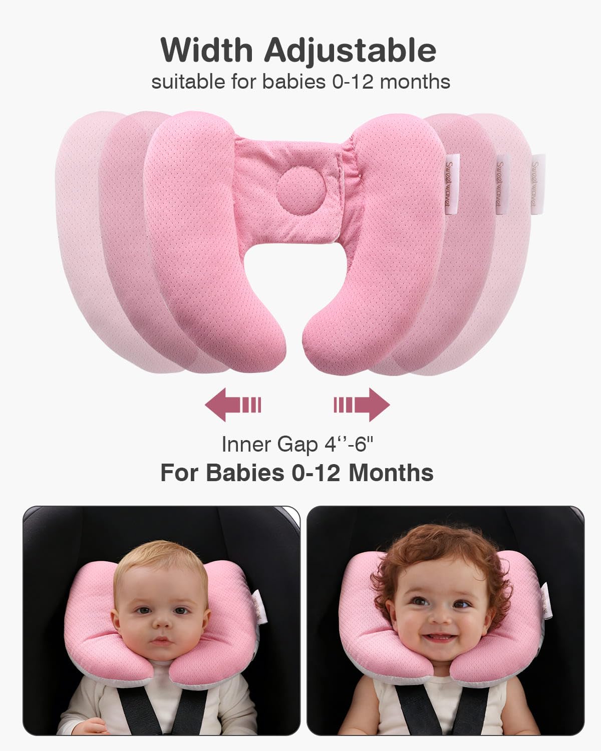 Baby Neck Pillow for Car Seat and Stroller, Adjustable Baby Head Support Pillow for Travel, Soft and Cushiony Torticollis Pillows for Infant and Newborn (Pink)