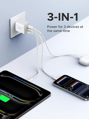 UGREEN 3-Port 30W USB C Charger Block, GaN II Type C Fast Charging, White