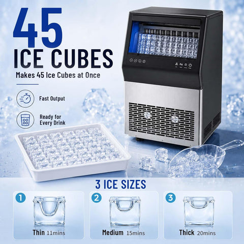DESSIZ Commercial Ice Maker Machine, 90 lbs/24H Ice Production, 15-33 lbs Storage Bin, 45 Cubes per Cycle, Stainless Steel Under Counter & Freestanding Ice Maker with Self-Cleaning,for Bar/Restaurant