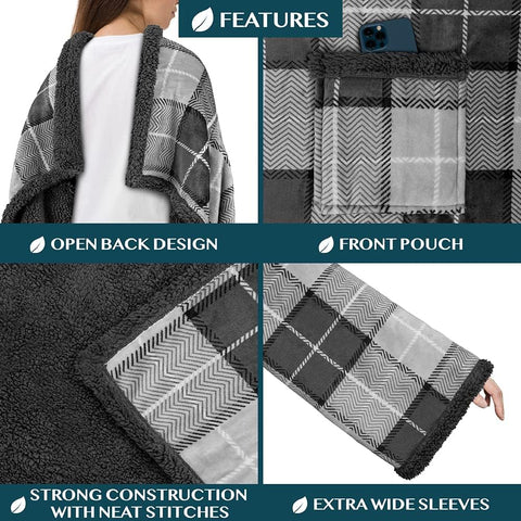 PAVILIA Wearable Blanket with Sleeves and Pocket for Women Men, Sherpa Trim