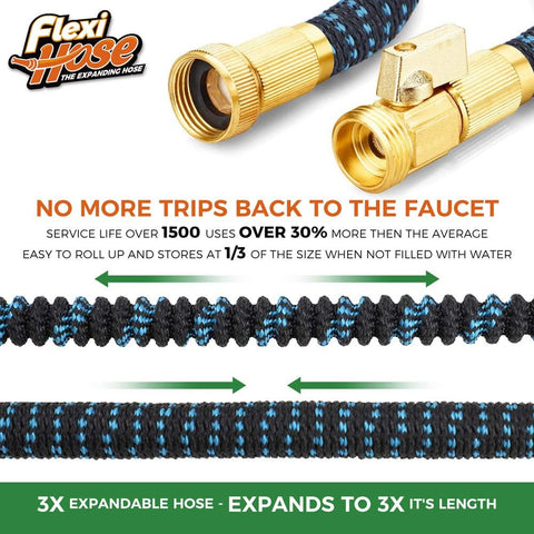 Flexi Hose Expandable Garden Hose with 8 Function Nozzle, 50FT - Lightweight Retractable Garden Hose, Water Hose - No-Kink Flexibility, 3/4 Inch Solid Brass Fittings and Double Latex Core