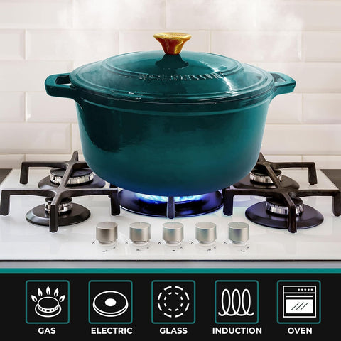 MUELLER HOME 7.5 QT Enameled Cast Iron Dutch Oven, Heavy-Duty Casserole Dish and Braiser Pan with Lid and Stainless Knob, Oven-Safe up to 500° F & Across All Cooktops, Emerald