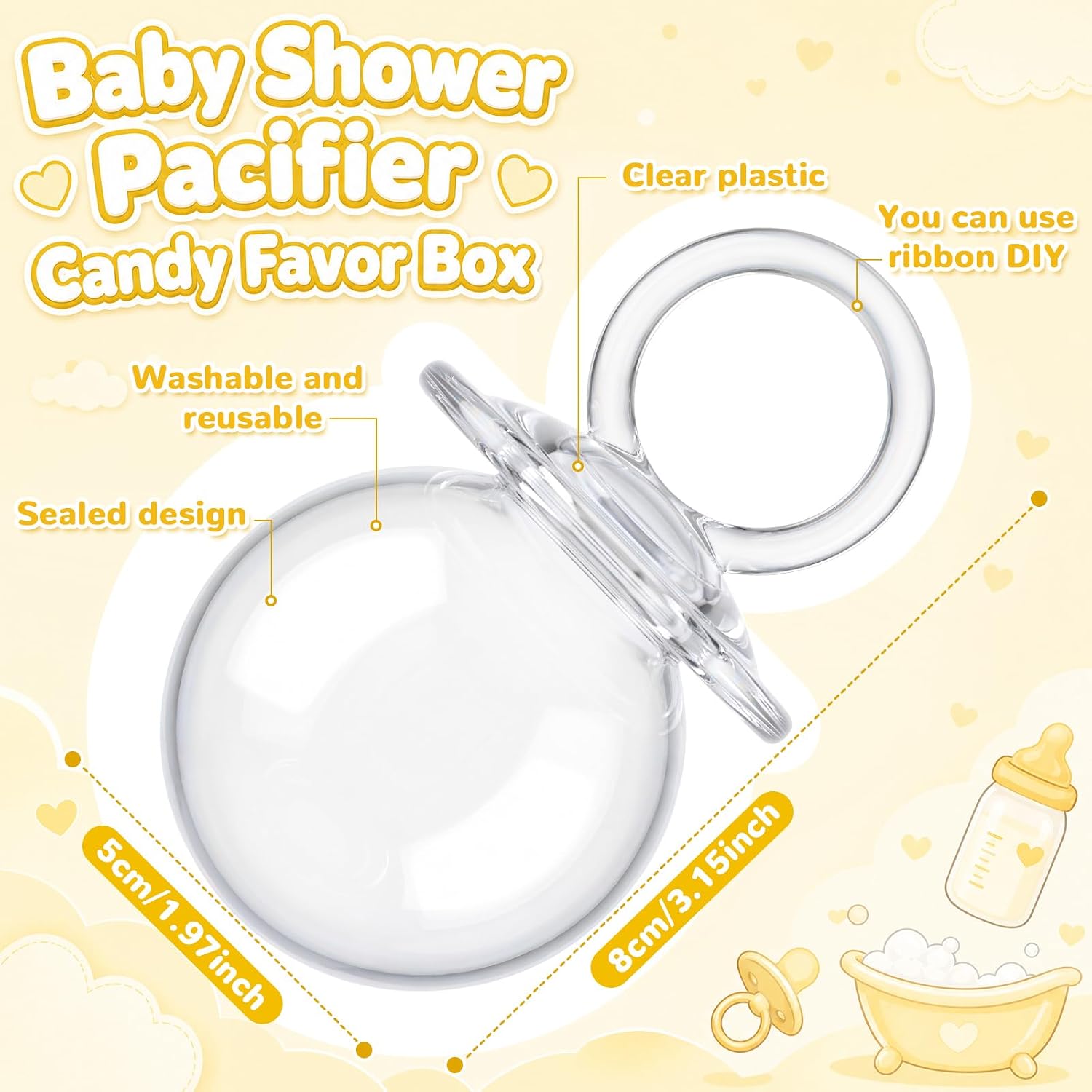 Nuenen 24 Pcs Baby Shower Favors, Mini Pacifier Candy Bottles 3.15", Clear