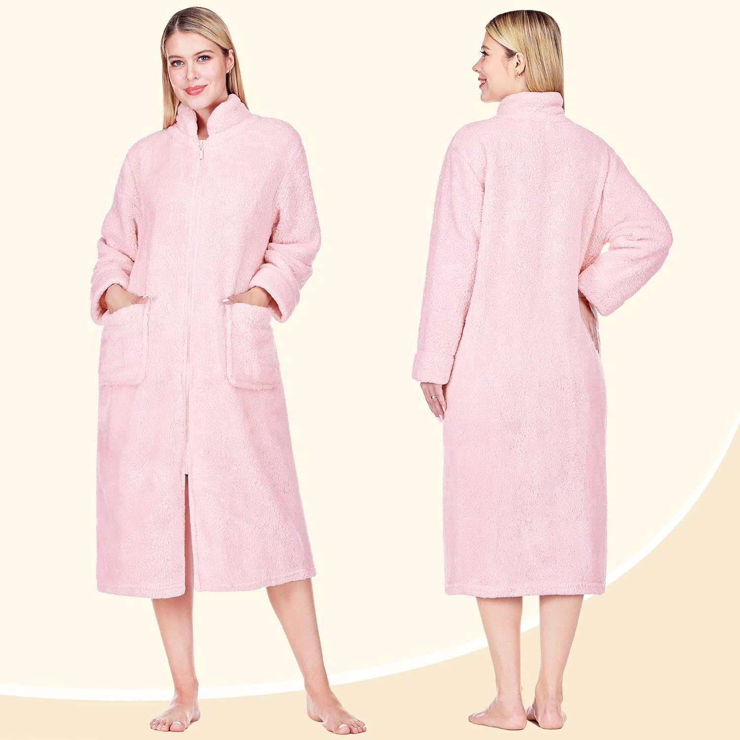 PAVILIA Womens Zip Up Robe with Pockets, Long Sherpa Housecoat Bathrobe