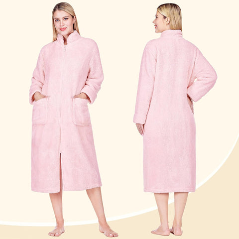 PAVILIA Womens Zip Up Robe with Pockets, Long Sherpa Housecoat Bathrobe