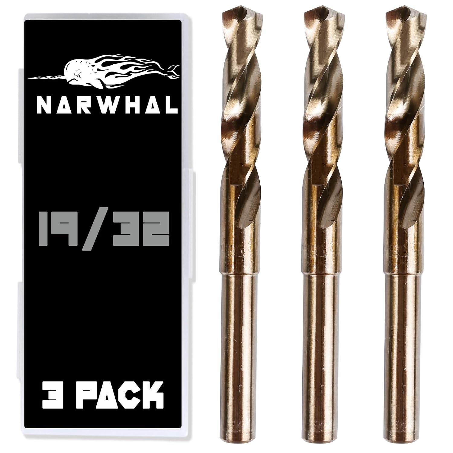 Narwhal 19/32" Cobalt Drill Bits - 3 Pack - 6" Length - M35 Cobalt, Perfect for Metal, Stainless Steel, Cast Iron & More! Includes Storage Case