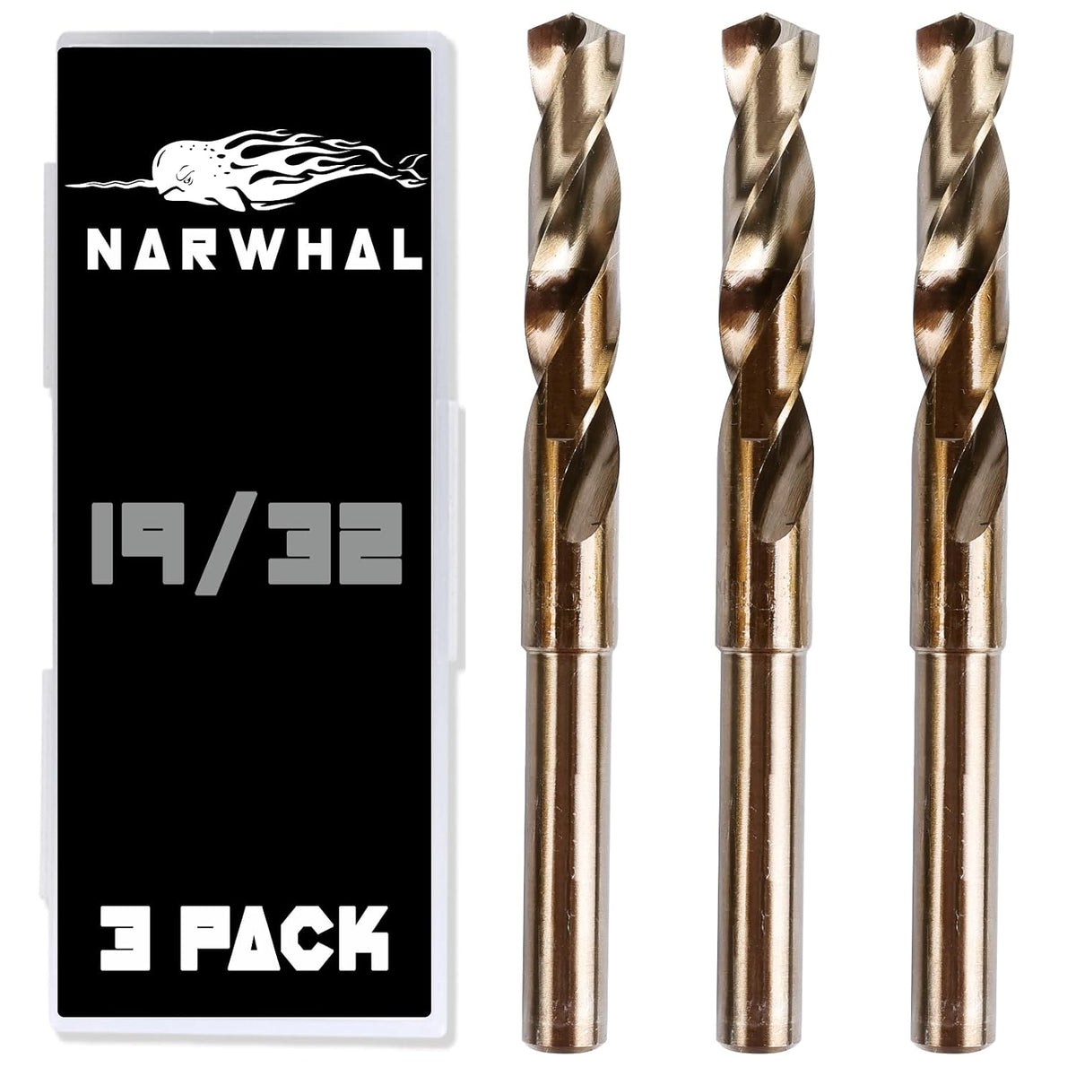 Narwhal 19/32" Cobalt Drill Bits - 3 Pack - 6" Length - M35 Cobalt, Perfect for Metal, Stainless Steel, Cast Iron & More! Includes Storage Case