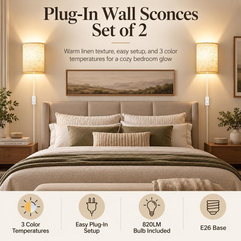 Yunaking Plug in Wall Sconces Set of Two Wall Lights with On/Off Switch