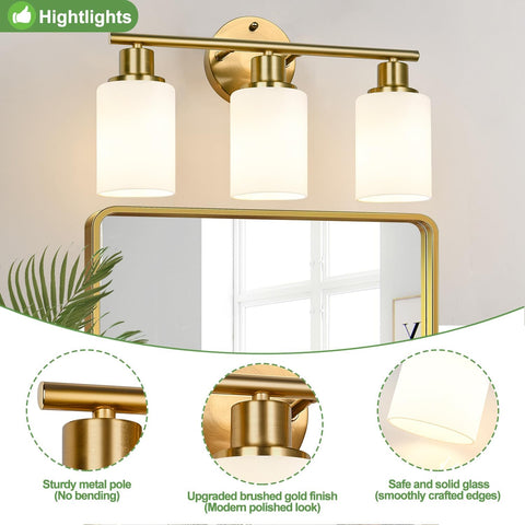 Zarbitta 3-Light Bathroom Light Fixtures, Brushed Gold Vanity Light, Farmhouse Wall Lights with Milky White Frosted Glass Shades, Bathroom Wall Lamp for Mirror Kitchen Bedroom Hallway Living Room