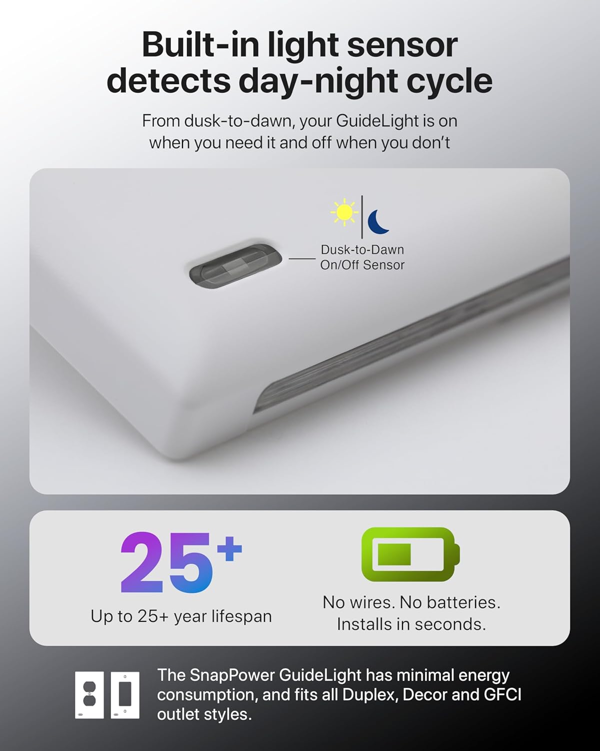 Single - SnapPower GuideLight [For Duplex Outlets] - Replaces Plug-In Night Light - Electrical Receptacle Wall Plate With LED Night Lights - Auto On/Off Sensor - (Duplex, Ivory)