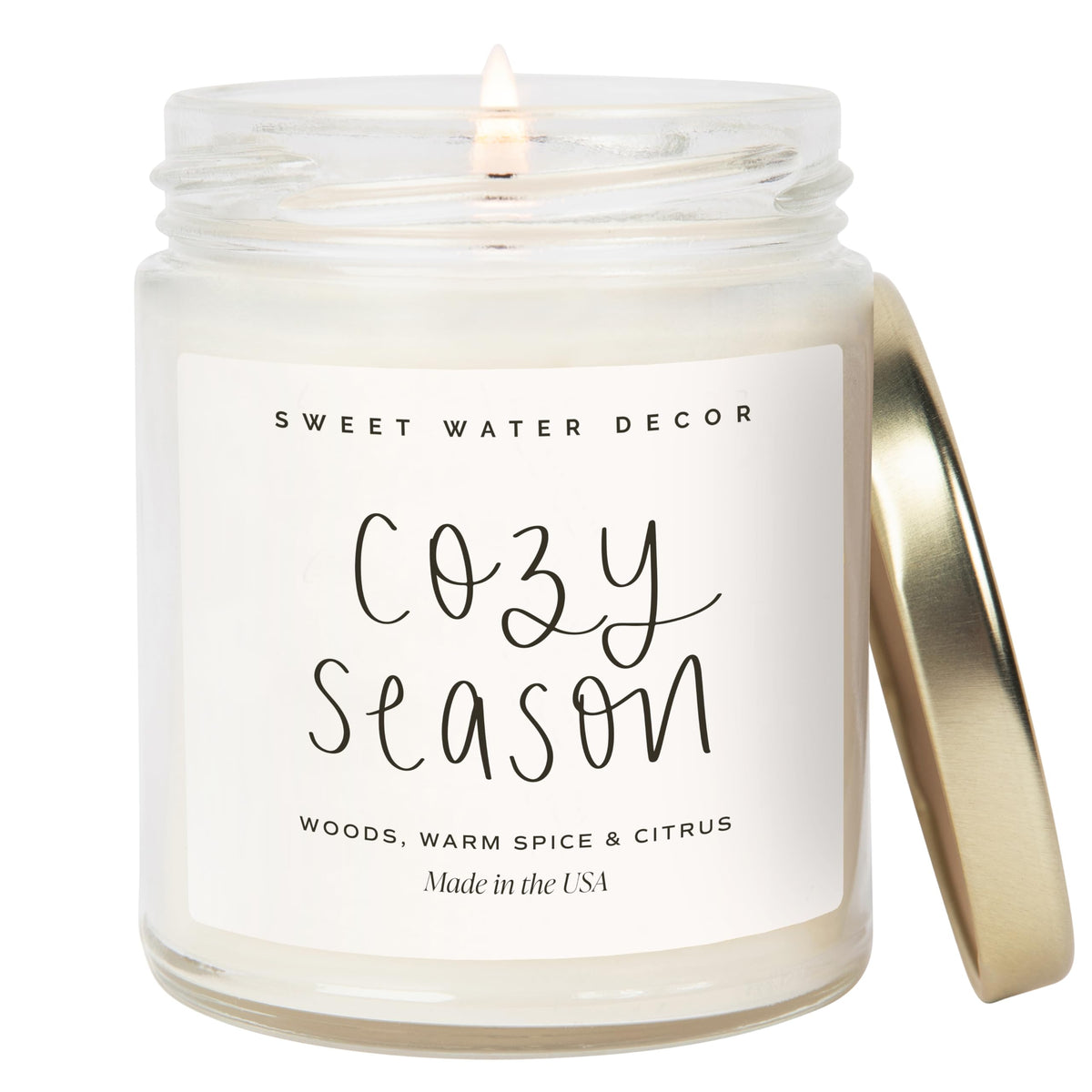 Sweet Water Decor Cozy Season Candle - Woods, Warm Spice, and Citrus Autumn Scented Soy Candles for Home - 9oz Clear Jar, 40 Hour Burn Time, Made in the USA