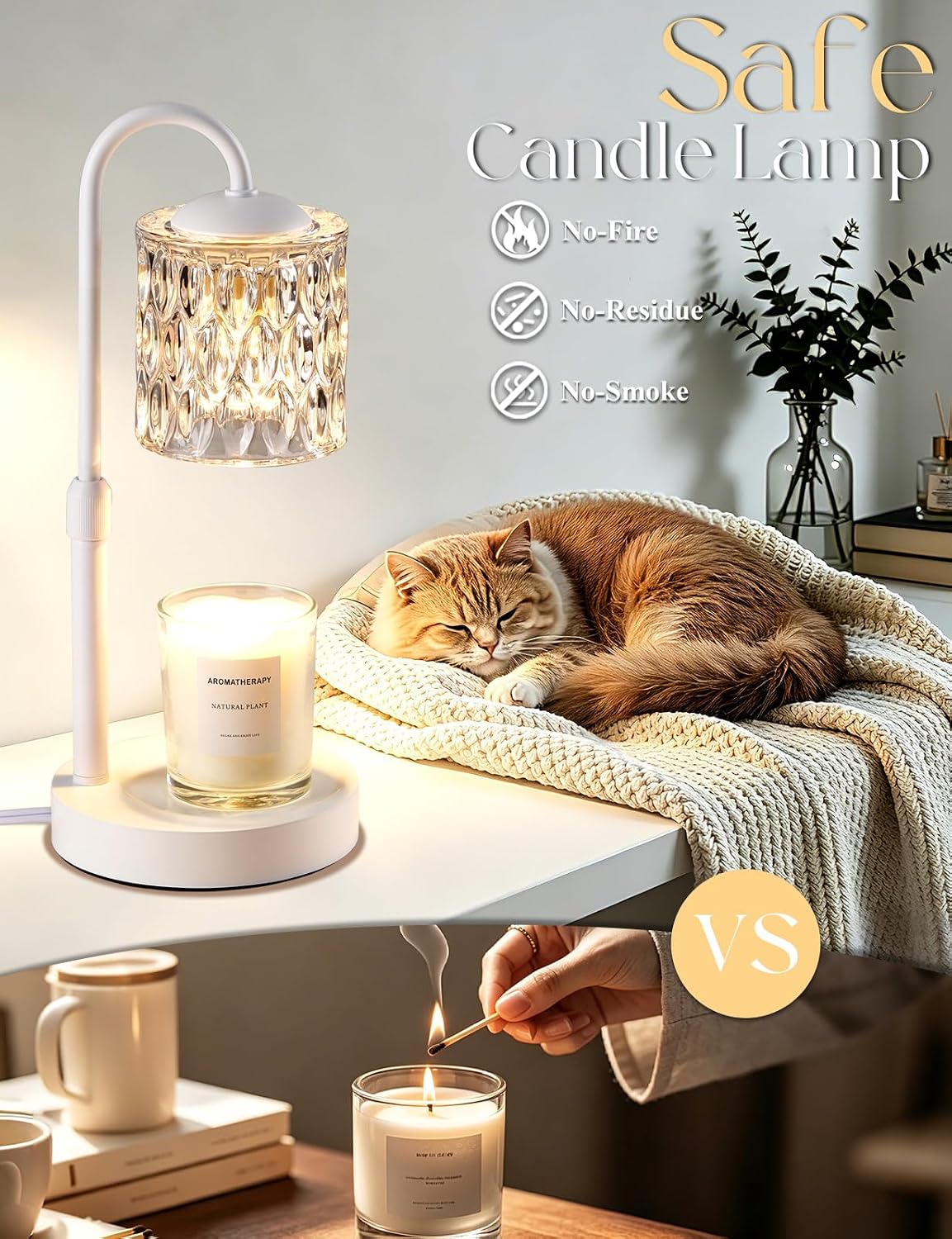 Briever Dimmable Candle Warmer Lamp with Timer, Height Adjustable Electric Candle Wax Warmer, Birthday Gifts for Women Mom, House Warming Gifts New Home Decor, Solid Wood Base, White Clear