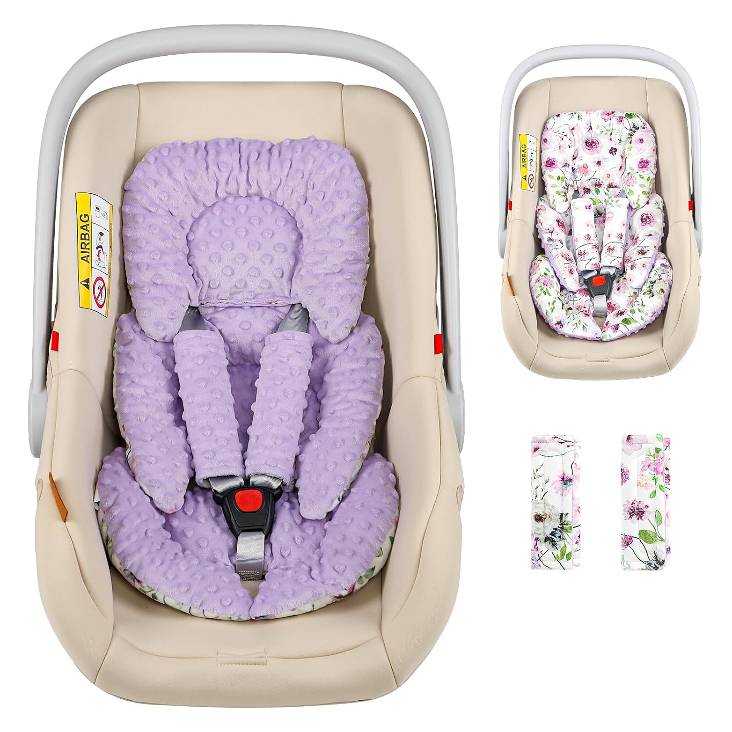 GFU Infant Car Seat Insert Head and Body Support with 2 Strap Pads Purple