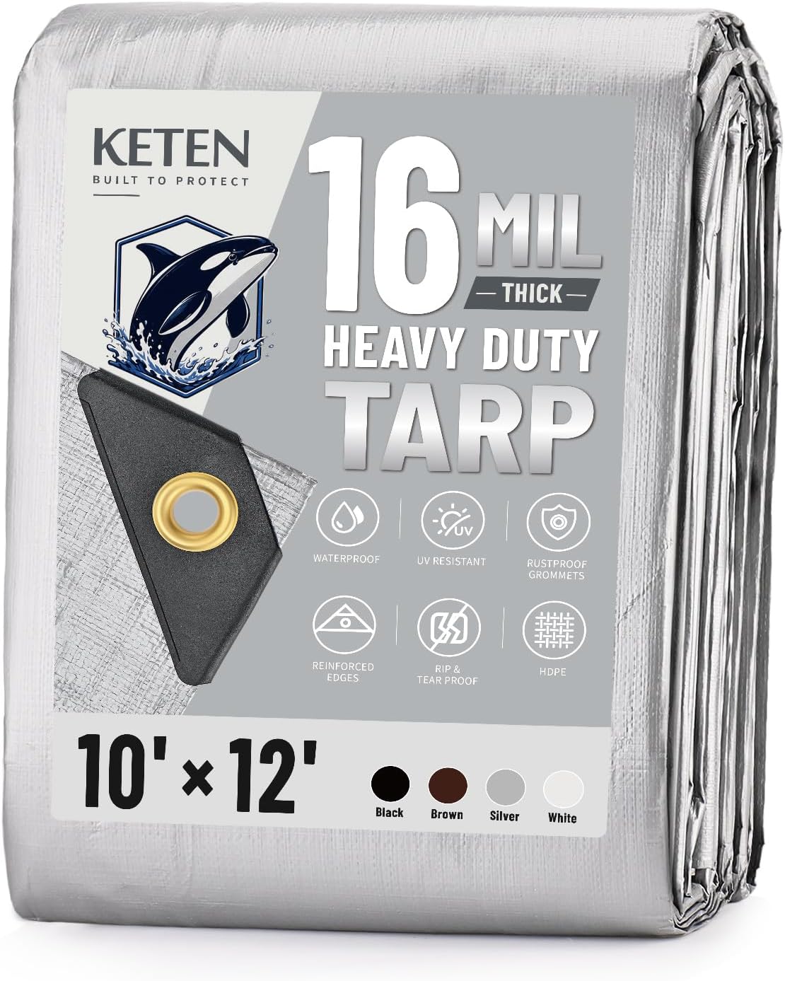 Keten Tarps Heavy Duty Waterproof 10x12 Feet, Extra Thick 16 Mil (Silver)