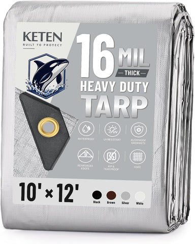 Keten Tarps Heavy Duty Waterproof 10x12 Feet, Extra Thick 16 Mil (Silver)