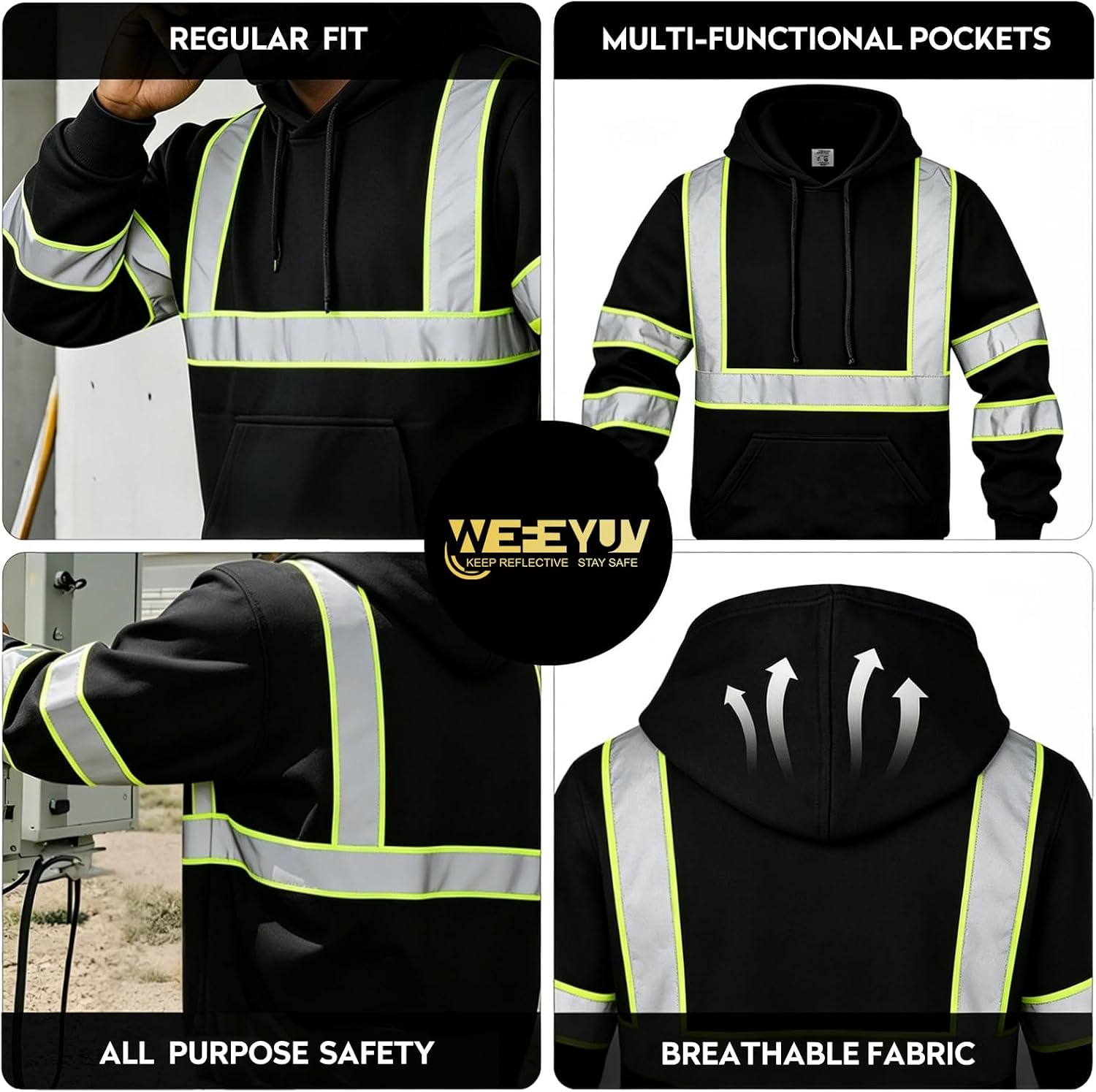 wefeyuv Class 3 Hi Vis Reflective Hoodie for Men Safety Construction Work
