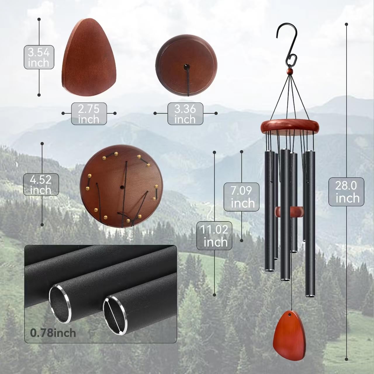 Bursvik 28" Aluminum Wind Chimes for Outside (Black), Patio Zen Decor Gift