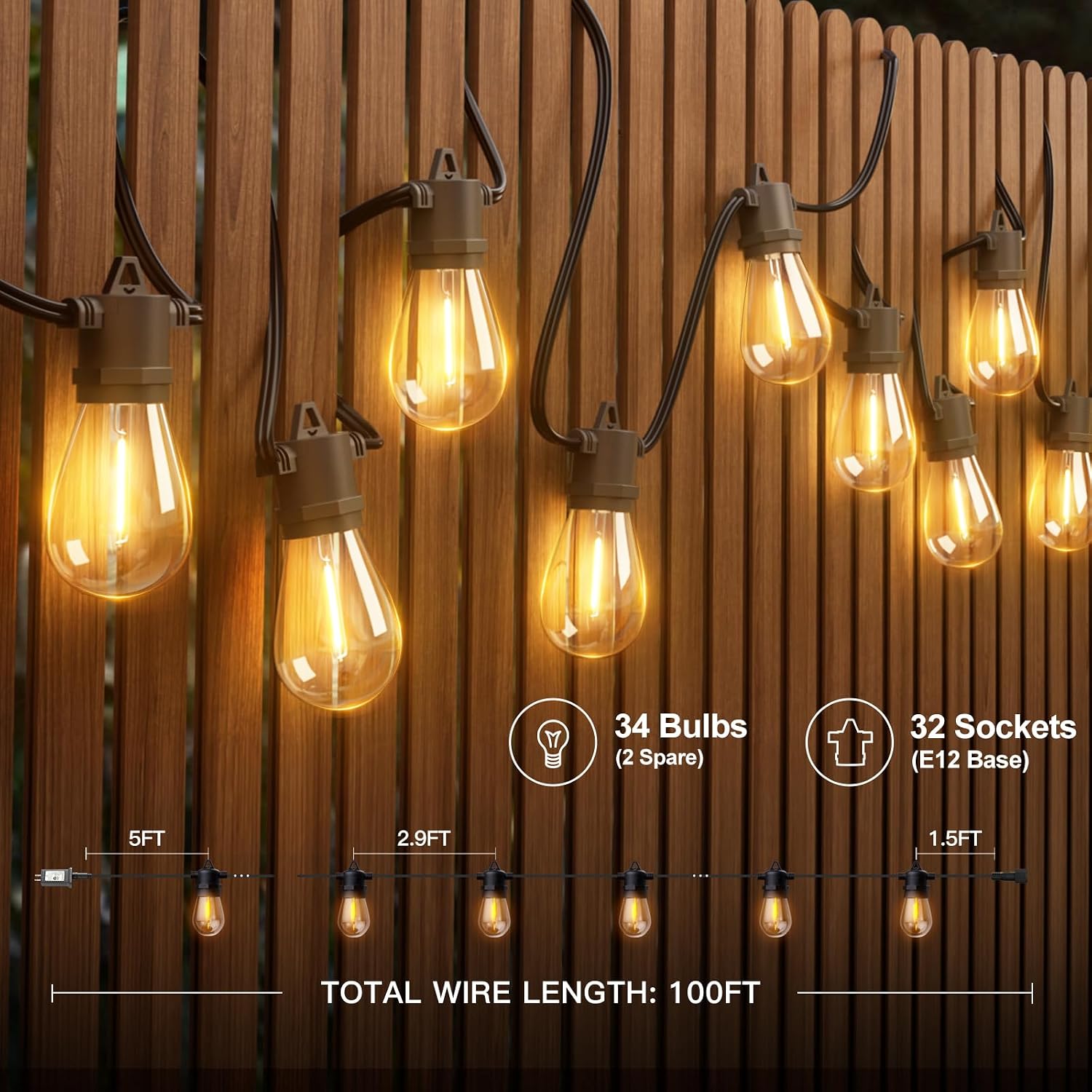 addlon 100FT LED Outdoor String Lights, Waterproof Dimmable Bulbs for Patio