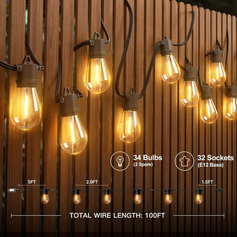 addlon 100FT LED Outdoor String Lights, Waterproof Dimmable Bulbs for Patio