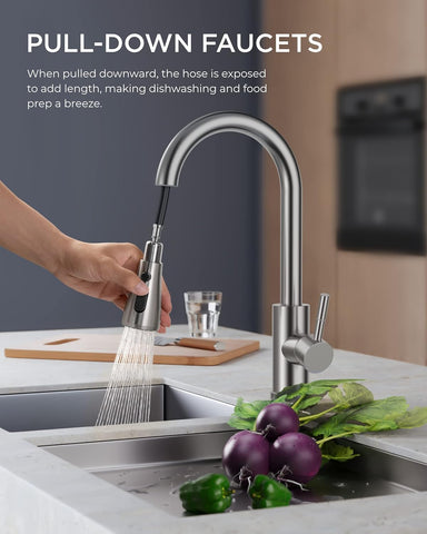 FORIOUS Kitchen Faucets Pull Down Sprayer, Stainless Steel, Brushed Nickel