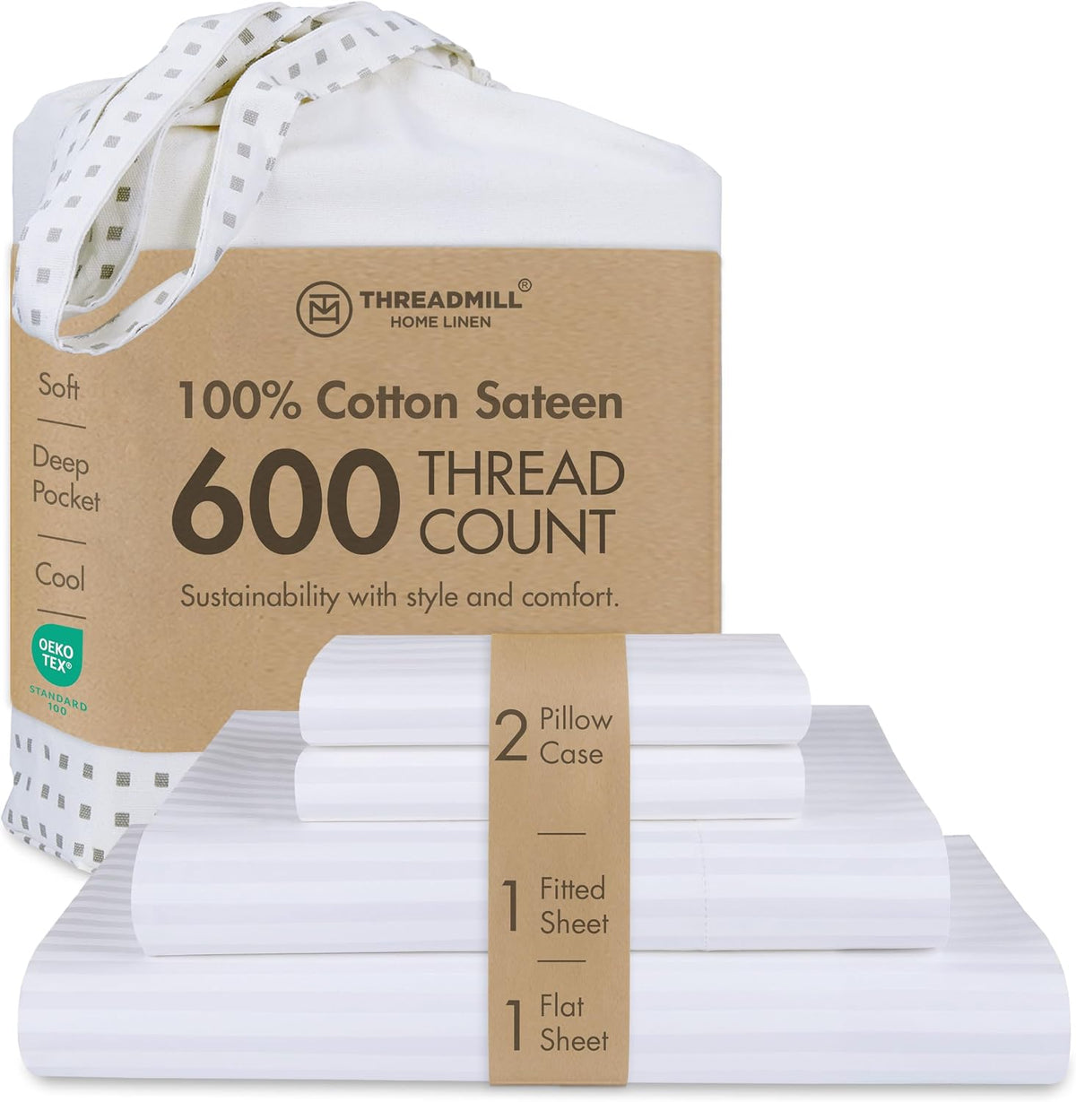 Threadmill 600TC Cotton King Sheet Set, Sateen, Damask Stripe, White