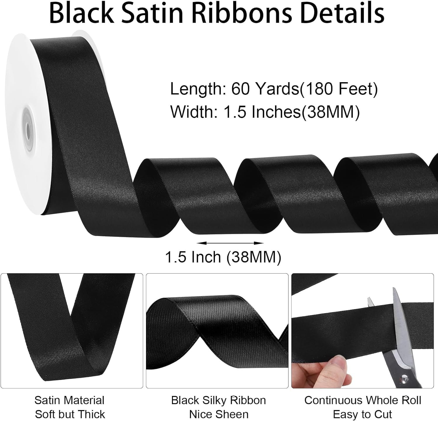 woric Black Satin Ribbon 1 1/2 inch 60 Yards for Crafts Halloween Ribbon