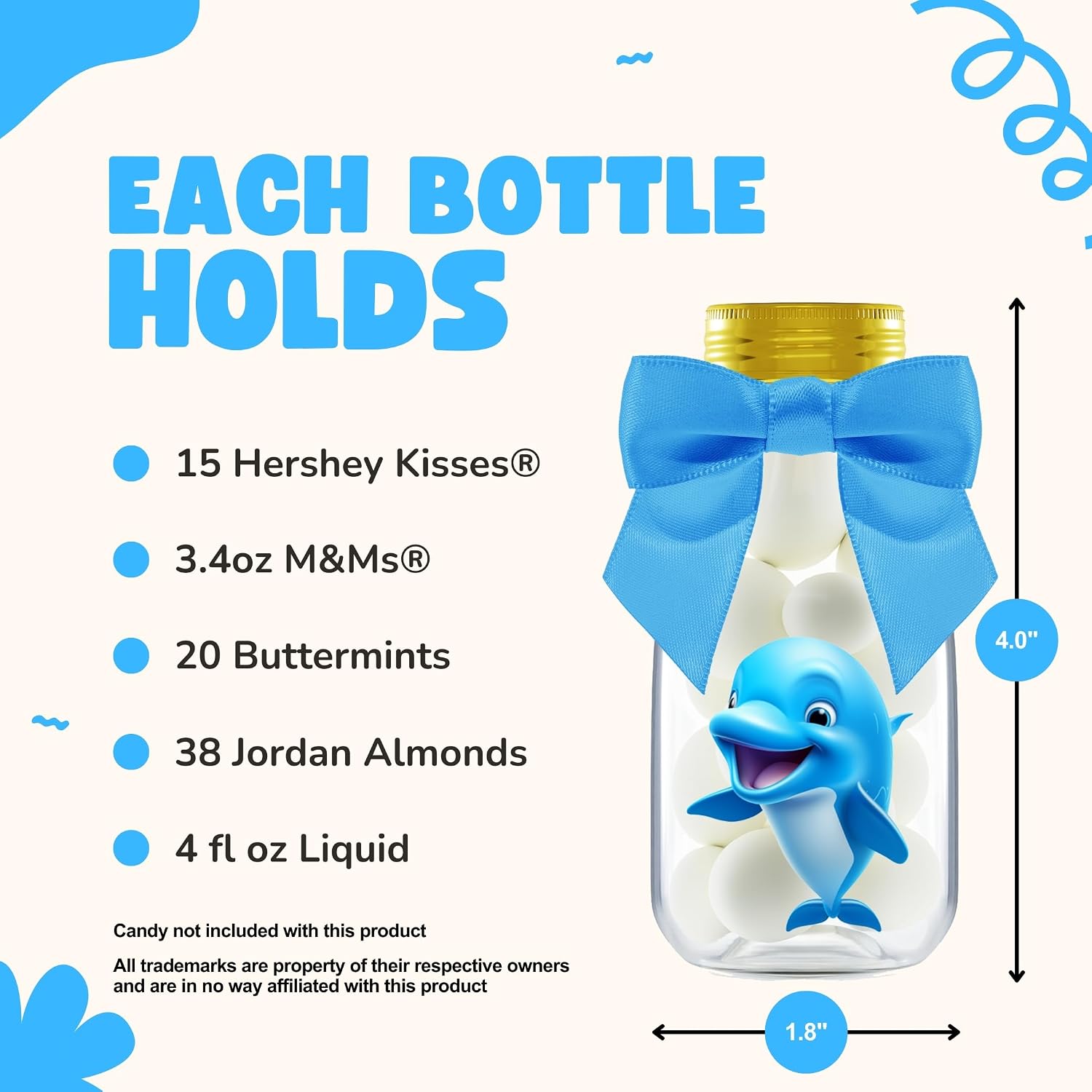 Ethisa Small 12 Pack Dolphin Party Favors - DIY Candy Jars with Ribbons and Stickers - Party Decoration Bottles for Birthday, School Classroom, and Baby Shower - Dolphin Table Centerpiece for Kids
