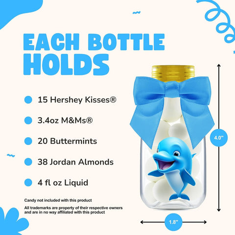 Ethisa Small 12 Pack Dolphin Party Favors - DIY Candy Jars with Ribbons and Stickers - Party Decoration Bottles for Birthday, School Classroom, and Baby Shower - Dolphin Table Centerpiece for Kids