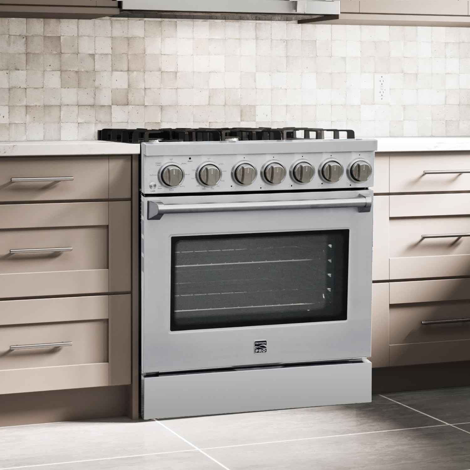 Kenmore PRO 30" Front Control Freestanding Gas Range, 5.0 Cu. Ft Oven With True Convection & Air Fry, 5 Burner Cooktop, 7 Function Convection Oven With Pizza, Defrost & Steam Clean, Stainless Steel
