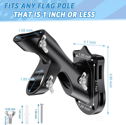 Flag Pole Holder for Outside House, REERON 2-Positions Metal Flagpole Bracket Mounts, 1" Aluminium Rustproof Flag Pole Wall Porch Mounting Brackets with 3 Fixed Holes & Steel Hardwares (Black-1 Pack)