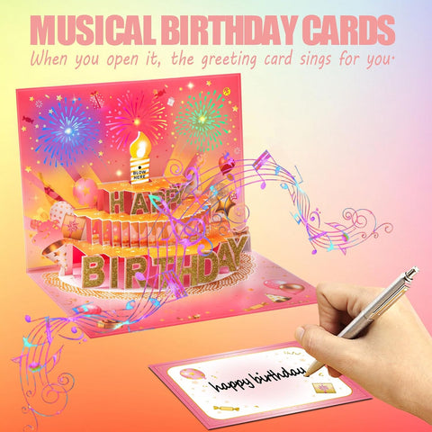 Pop Up Birthday Cards for Women, LED Light Music Blow The Candle