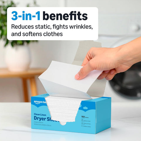 Amazon Basics Dryer Sheets Laundry Fabric Softener, Clean Linen Scent, Reduces Static, Fights Wrinkles, Softens Clothes, 160 Count