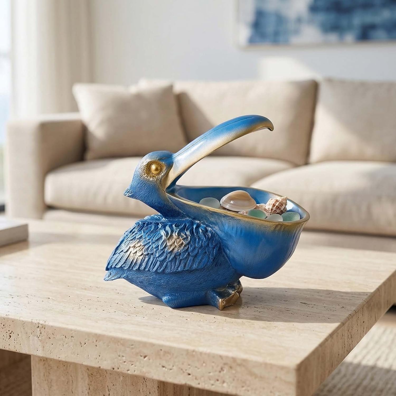 Pelican Key Holder Statues,Fun Animal Hippo Candy Dish,Candy Dish for Office Desk Unique,Modern Key Holder for Pelican Figurine,Suitability Desk bowl and Entry Table Decor Items (Blue)