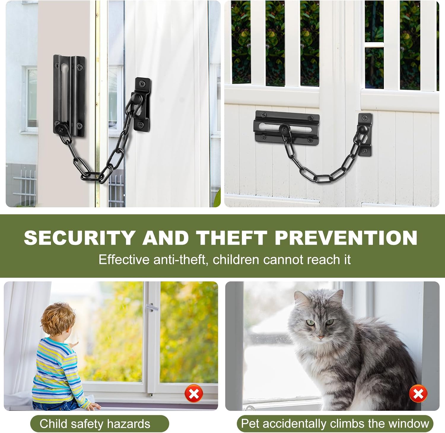 2 Pack Door Chain Lock Black, Security Door Chain for Inside Door, Premium Thickened Chain Door Lock with 12 Screws