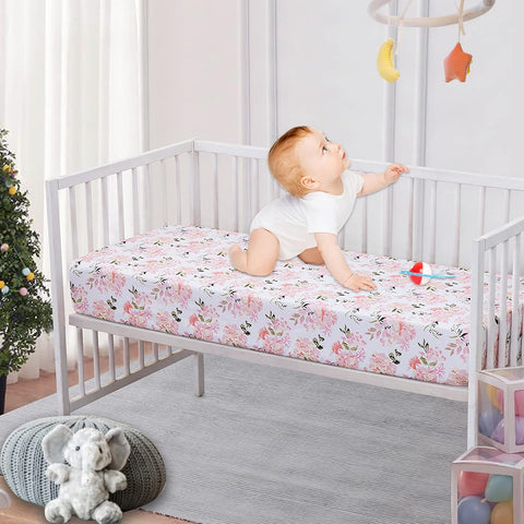 Crib Sheets Girl 2 Pack Set, 2 Pack Toddler Bed Sheets Set, Floral Print Fitted Crib Sheet for Standard Crib & Toddler Mattress