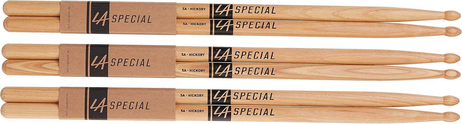 LA Specials Hickory 5A Drum Sticks, Wood Tip, 3-Pair Pack