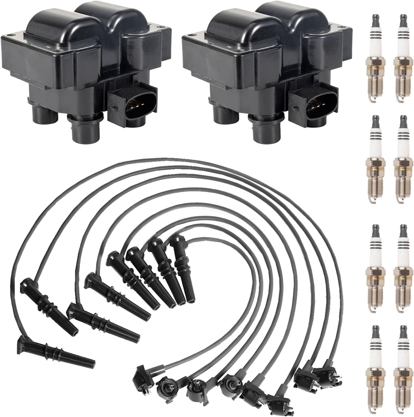 ENA Set of 2 Ignition Coil and 8 Platinum Spark Plug with Wire Set Compatible with Ford 1996 1997 1998 1999 F-150 Expedition 1996 1997 Crown Victoria Grand Marquis Town Car 4.6L Replacement for FD487