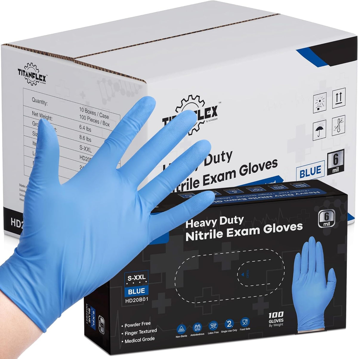TitanFlex Nitrile Exam Gloves, Blue, 6-mil, Heavy Duty Nitrile Gloves, Mechanic Disposable Gloves, Latex Free, Powder Free